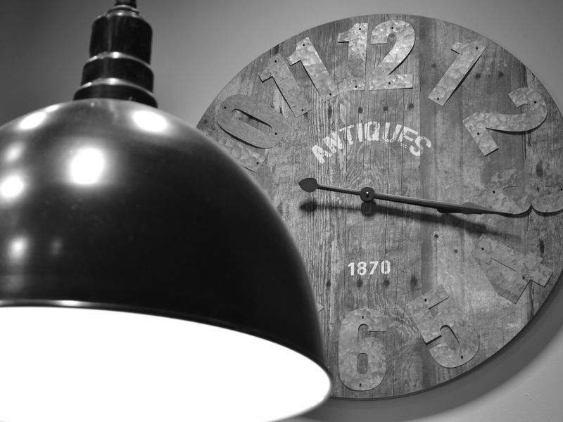 Shop interior — antique clock and lamp